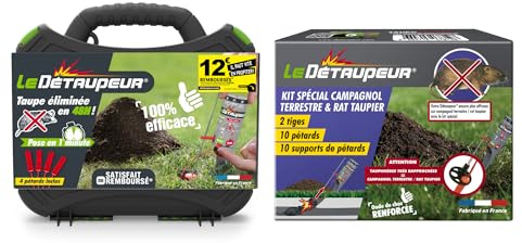 LE DETAUPEUR Kit Complet Détaupeur + 4 Recharges & Kit Anti Campagnols | Piège Pour Taupes & Campagnols - Efficace & Puissant - Utilisable Sous La Pluie & En Toute Sécurité - DETAUPCAMPE