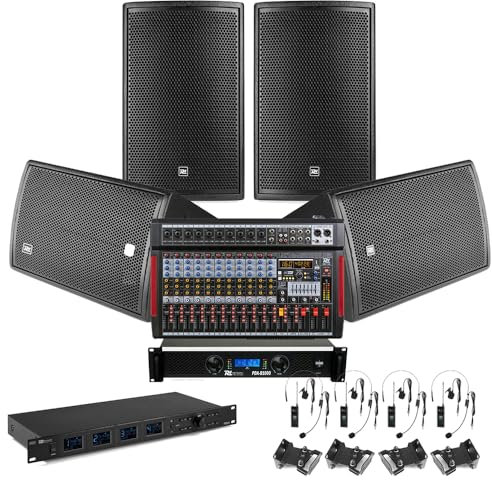 Power Dynamics Professional PA System – 4x 8 Installation Speakers, 12-Channel Mixer, Amplifier, Wireless Headset Microphone & Wireless Lapel Microphone Set – Ideal for Churches & Events