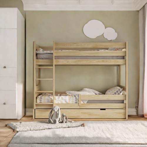 KidooCrafts Baby Bett - Hochbett 100x190 Aus Kiefernholz Mit Schublade Und Schlafen Funktion - Bodenbett, Hochbett Für Kinder, Kinderbett Mit Stauraum, Etagenbett 2 Kinder