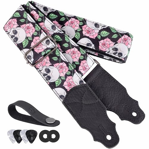 YIKOKO Gitarrengurt Kopfschicht Rindsleder Ende 2 Zoll für Akustik- und Bass-E-Gitarren, Adjustable from 38″ to 64″