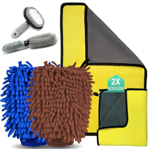 CHENKEE Guanto Lavaggio Auto,6 Pezzi Kit Lavaggio Auto,2 Pezzi Guanto Super Assorbente,2 Panni per Lucidatura,2 Pezzi Spazzola per la Pulizia Dell'auto,Pulizia,Cura