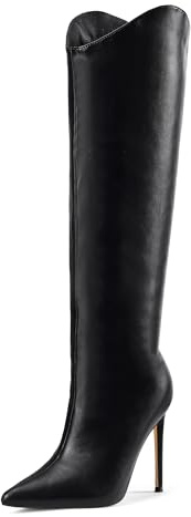 Elisabet Tang Women's Knee High Boots Pointed Toe Tall Boots 4 In Stiletto Heel Stylish Wide Calf Slip on High Heel Booties for Women Winter Long Boot Shoes Black Size 8
