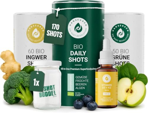 Großes Routineset - Ingwer Shots (60 Stk.), Grüne Shots (50 Stk.), Daily Shot (120 Stk.) & D3K2-Tropfen (30 ml) - Stärkung von Immunsystem¹, Darmfunktion², Energiestoffwechsel³ & Knochenfunktion⁴