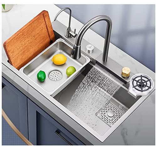 WDSOPK Lavello da Cucina in Acciaio Inox A Una Vasca, con Rubinetto A Cascata, Rubinetto Purificatore, Vasca Mobile, Tagliere, per Incasso/Sottotop