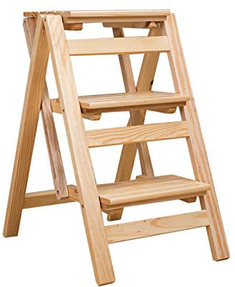 Folding 3 Step Stool Ladder Solid Wood Multi Purpose Household Step Ladder for Easy Climbing & Shelving Compact & Portable Design in Natural Wood Finish