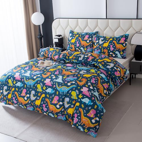 NATURETY Floral Printed Duvet Cover and Pillowcase Set,Soft Cartoon Dino Printed Microfiber Comforter Cover with Corner Ties (Navy Blue Dino, Full)