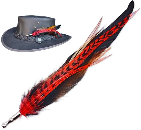 Handgefertigte Hutfeder zum Anstecken – Federbrosche für Hüte – Echter Feder Pin Anstecker – Hutschmuck Accessoire – Boho Federn mit Anstecknadel, Rot 14-16 cm