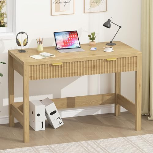 YOMILUVE Fluted Computer Desk with 2 Drawers, 39 Inch Small Computer Desk with Storage, Compact Writing Study Desk for Small Spaces