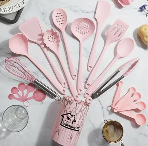 Set of 23pcs Kitchen Non Stick Cooking Utensils Heat Resistant Silicone Utensils with Holder Ladles, Spoons, Spatulas and Measuring Spoons Set Kitchen Tools & Accessories Pink, Black, Cream (Pink)