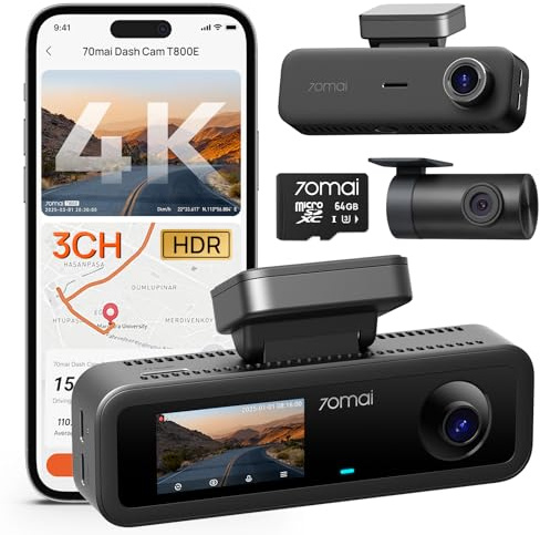70mai Dash Cam Auto 4K 3 Canali T800E, Telecamera Tripla Anteriore e Posteriore 4K+1080P+1080P, HDR, Visione Notturna IR, Modalità Parcheggio, F1.55, GPS, Supercondensatore, 64 GB SD Inclusa