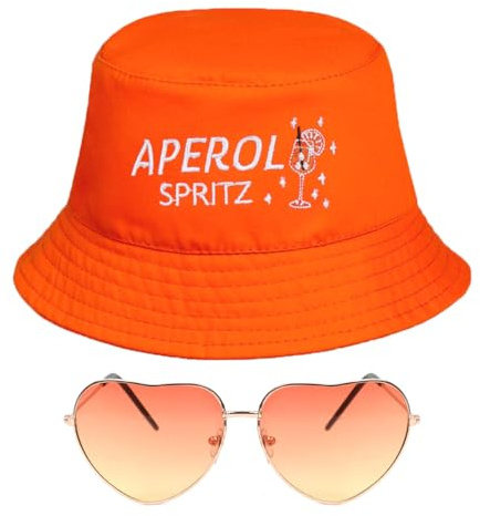 HUKUMA Aperol Spritz Hut + Retro Orange Brillen, Aperol Fischerhut Anglerhut, Apero Party Hut Geschenk, Sonnenhut Sommer Geschenk für Apero Liebhaber Damen, Fasching Karneval Kostüme Accessoires