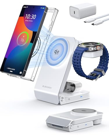 Trådlös laddare för Samsung magnetisk laddare med aktiv kylning, 3-i-1 vikbar laddningsstation för Samsung Galaxy S26 Ultra, Galaxy Watch 8 och Buds 4, Android-enheter (Bianco)