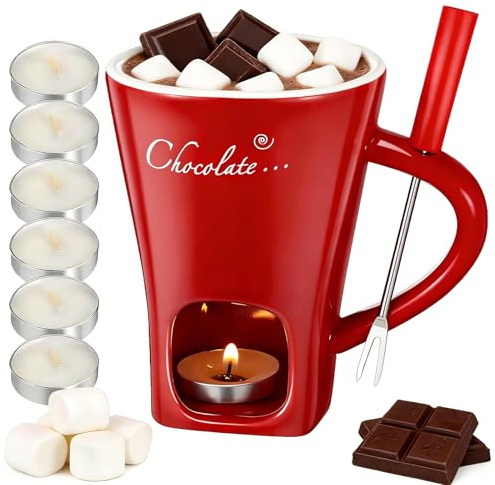 Mini Chocolate Fondue Mug Set with 6 Tea Light Candles and Forks,Ceramic Fondue Pot for Melting Chocolate Butter Cheese,Dessert Warmer Mug for Home Party Date Night