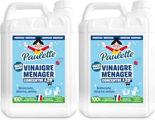 Paulette - Vinaigre Ménager Ultra Concentré 20° Framboise - Nettoyant Détartrant Multi-Surfaces Ecocert - Fabriqué en France - 5 L (Lot de 2)