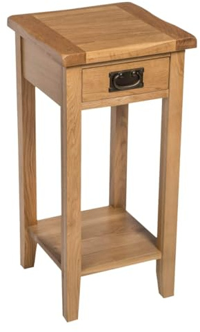 Hallowood Furniture Monchique Small Oak Side Table with Drawer and Shelf, Wooden Lamp or Telephone Table for Living Room or Bedroom, Narrow Console Tables for Hallway or Entryway
