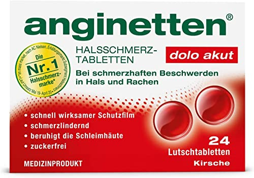 anginetten dolo akut Halsschmerztabletten | schmerzlindernde Lutschtabletten Kirsch-Geschmack | schnell wirksam bei Halsschmerzen & Rachenbeschwerden | beruhigt entzündete Schleimhäute | 24 Tabletten