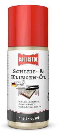 BALLISTOL 23910 Schleif-Öl Flüssig, Messer, 65 ml Flasche | Flüssiges Pflegeöl, geschmacksneutral, lebensmittelecht, geruchsneutral am Schleifstein und Messer