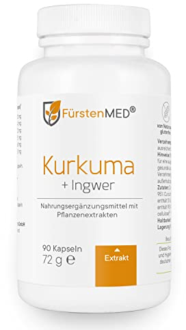 FürstenMED® Kurkuma + Ingwer + Piperin Kapseln Hochdosiert - 90 Vegane Kapseln mit 1200mg Curcuma Extrakt - Vegan, Laborgeprüft und Ohne Zusatzstoffe