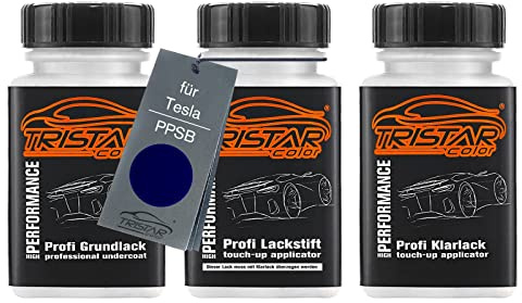 TRISTARcolor Autolack Lackstifte für Tesla PPSB Ocean Blue Perl Metall. +1K | Ocean Blue Perl Metallic, Set aus Grundlack + Basislack + Klarlack, Lackfläschchen mit Pinsel, je 50ml