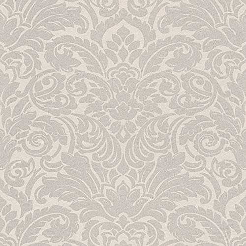 Flock Tapete in Hellgrau | Elegante Ornament Tapete für Schlafzimmer und Wohnzimmer | Graue Vliestapete mit Vinyl Barock Muster