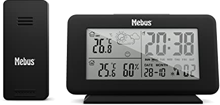 Digitale Funk-Wetterstation 40689 mit Außensensor, Thermometer innen und aussen, batteriebetriebene Funkstation und -sender, Schwarz
