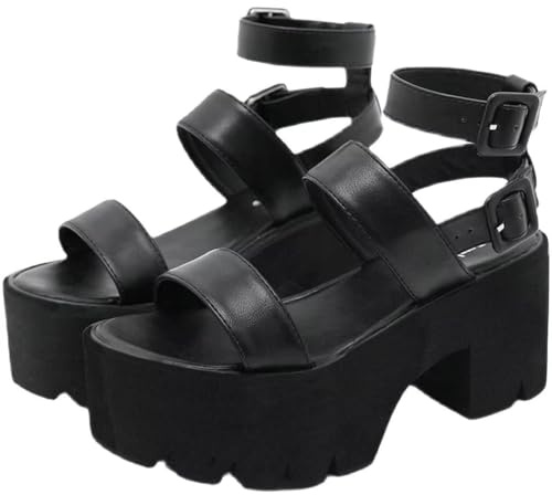 Agodor Women's Goth Platform Sandals Ankle Strap Chunky High Heels Open Toe Slingback Roman Gladiator Shoes (US 8.5, black style2)
