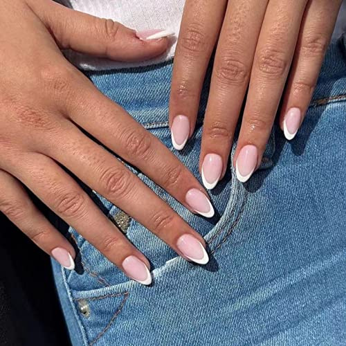 JUSTOTRY 24 Stück Nude Oval Nägel Zum Aufkleben Kurz,Weiß French Künstliche Nägel,Glossy Mandel Kunstnägel Press on Nails, Acryl Fingernägel Fake Nails Mittel für Frauen