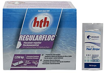 HTH REGULARFLOC 10 Cartouches - 1,25kg | Floculant Régulier en Cartouche - pour Filtre à Sable + 10 Tests HPS OFFERTS 6 en 1