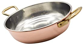 CREARTISTIC Sartén de cobre estañado con 2 asas de latón de 4 cm, 28 x 7,5 cm, 3,2 l, para servir en la mesa, tamaño pequeño y grande, 100 % hecha a mano en Italia