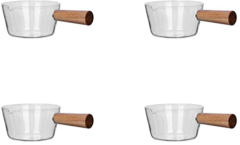 Pasotim Lot de 4 casseroles en verre de 600 ml avec poignée en bois pour la cuisson, le chauffage, la soupe au lait, la maison, le feu ouvert, la cuisine, les ustensiles de cuisine, les casseroles en