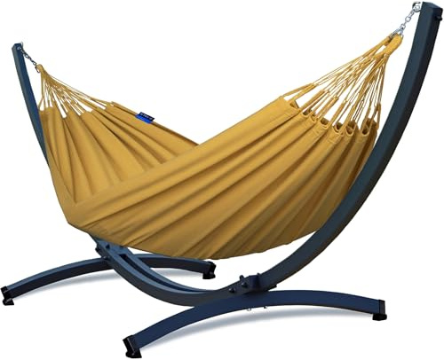 Potenza Outdoor Hängematte mit Gestell für 2 Personen, mit Fuß I Merida Baumwolle Doppelhängematte 220x160, 220kg I Tytan Hängemattengestell 350kg, wetterfest