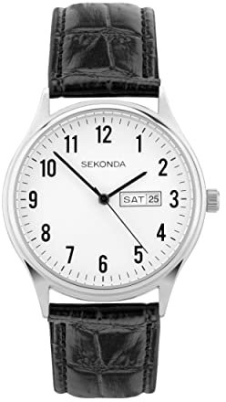 Sekonda Easy Reader Ladies 36mm Quartz Watch in White with Analogue Day/Date Display, and Black Leather Strap 30121