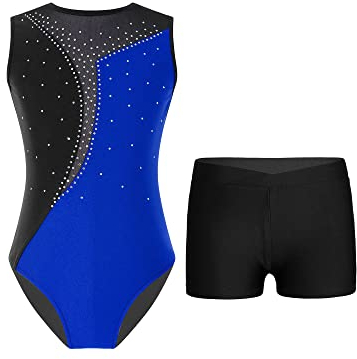 TTAO Kinder Mädchen Ärmellos Gymnastikanzug mit Strassstein Training Leotard mit Shorts Turn Set Gymnastik Training Dancewear Gymnastikbody Königsblau & Schwarz 134-140