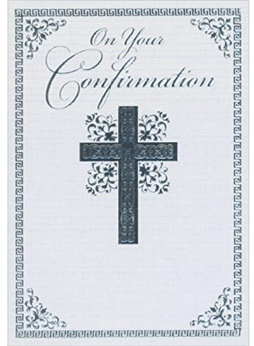 Designer Greetings Ornate Silver Foil Cross, Flowers and Border on White Criss Cross Pattern Confirmation Congratulations Card