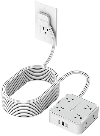 TESSAN Surge Protector Power Strip, 25 Ft Flat Plug Extension Cord with 3 USB (1 USB C) 8 Outlets, 1250W, 900J Protection, 3 Sided Outlet Extender with Power Switch for Office, Dorm Room, Grey