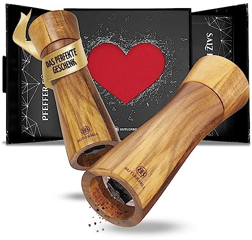 BUTLERBELL® Salz und Pfeffermühle Holz in Luxus Geschenkbox mit Herz ideal als Hochzeitsgeschenk | Geschenke zur Hochzeit | Hochzeitsgeschenke für Brautpaar | Einweihungsgeschenk (Polygon)