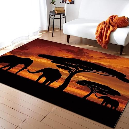 TEMLAN Afrikanischer Tierelefant Teppiche Gegend, Tropische Afrikanische Tierwelt Bei Sonnenuntergang Kinderteppich für Drinnen und Draußen Terrasse Balkon Garten Wohnzimmer 80 x 150cm
