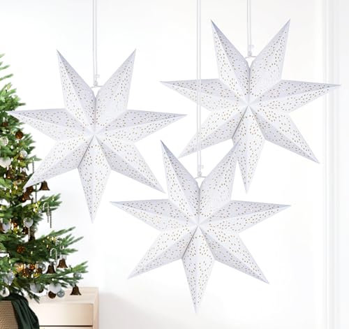 Papierstern Lampenschirm Faltstern Weihnachten, 3 Stück Papiersterne zum Aufhängen Weihnachtssterne Beleuchteter, Sterne Papier zum Fensterdeko für Hochzeit Geburtstag Weihnachten Silvester Party