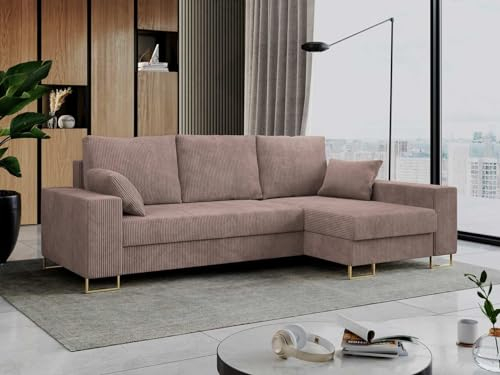 MKS MEBLE Ecksofa Dorian L-Form, Wohnlandschaft mit Schlaffunktion & Bettkasten, Schlafsofa mit Kissen, Couch mit Schlaffunktion - Bezug Cord, Farbe Rosa