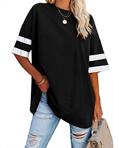 Ebifin Damen Tshirt Oversize Oberteile Rundhals | Longshirt,Tunika,Sommershirt,Sport,Basic,Baumwolle Top,Lang Bluse,Loose Fit,Kurzarm