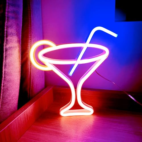 Pfirsichrosa Neon Schild Cocktails LED Weinglas Neonlicht | Batterie oder USB Betrieben Bar Neon Neonschild für Wanddekoration Cocktail Nachtlampe für Cocktailbar Restaurant Geschäft