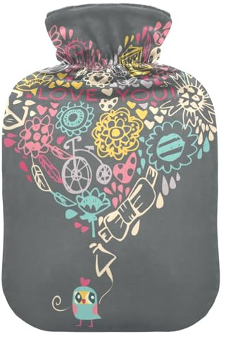 Wärmflasche mit Herzmotiv und Eulen-Motiv, weich, warm, für Winter, Bett, Hand, Hals und Schultern, 2 l