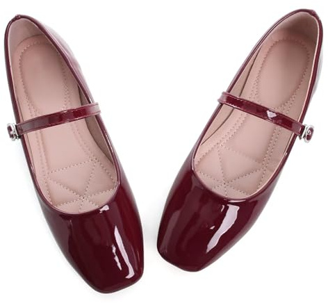 LUXINYU Women's Patent Leather Mary Jane Flats Classic Square Toe Ballet Flat Shoes with Buckle Strap Comfortable Work Flats,Red 7