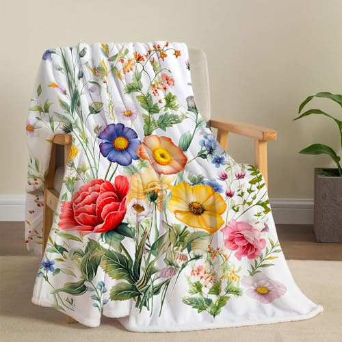 Floral Blanket Vintage Flowers Blankets Butterfly Wildflowers Throw Blankets Soft Cozy Flannel Fleece Throw Blanket Colorful Daisy Plants Throw Blanket for Couch Sofa Bed, 60×80