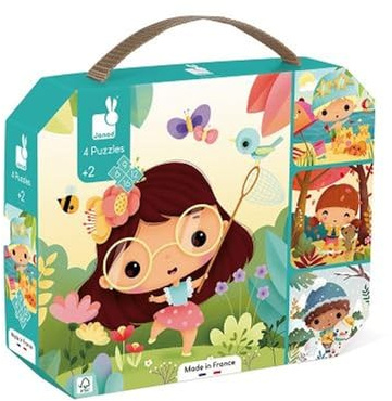 Janod - 4 Puzzles Die 4 Jahreszeiten - Evolutives Kinderpuzzle mit 6 bis 16 Teilen - Fördert Geduld und Feinmotorik Lernspiel ab 24 Monate, J02542