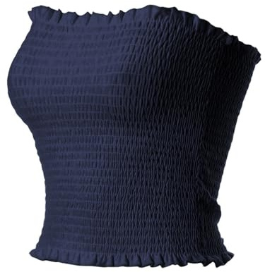 MixMatchy Women's Smocked Crop Tube Top - Casual Strapless Bandeau - Solid Ruffled Boho Tops Navy Blue M