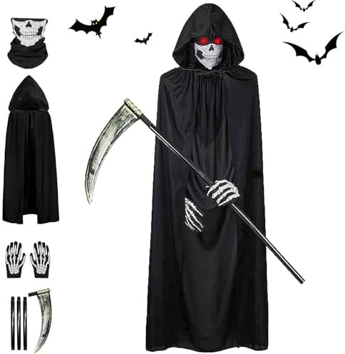 Aicerous® Costume Mietitore Mantello Mietitore di Halloween per Adulte e Bambino, Costume da Tristo Mietitore con Falce, Maschera da Teschio, Guanti, per Halloween, Cosplay, Carnevale (B, adult)