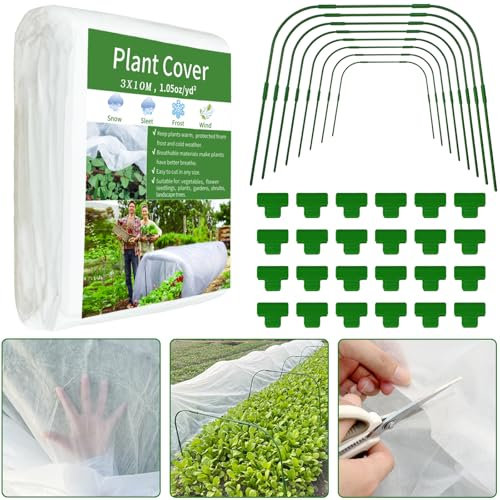 XMPEKO 3x10M Plant Covers Freeze Protection Kit, With 8PCS Garden Greenhouse Hoops & 24 Clips,1.05 Oz/yd² Winter Frost Blankets Cloth for Outdoor Raised Bed,Reusable Floating Row Cover for Vegetables