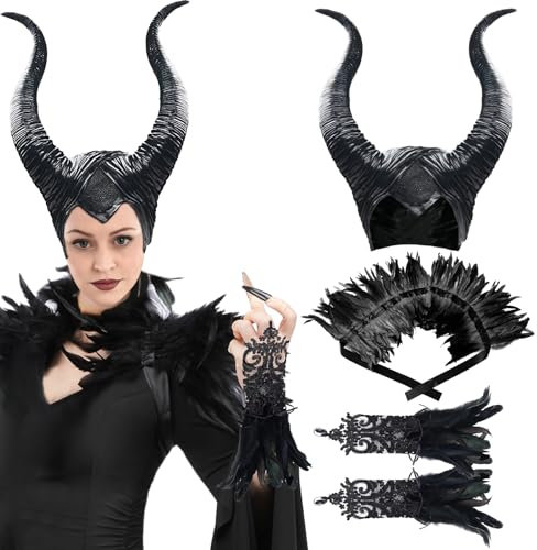 XehCaol Kostümzubehör Federumhang mit Federmanschetten Hörner Latex schwarzer böser Kopfschmuck 3 Stück Damen Halloween Cosplay Requisiten