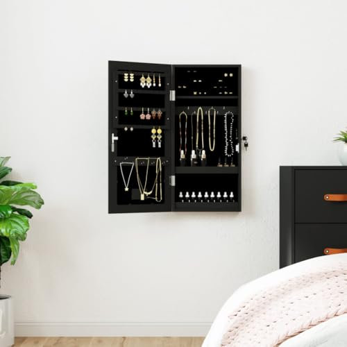 Juroupi Armoire à Bijoux avec Miroir et éclairage LED Mural Noir Armoire Bijoux Miroir sur Pied,Porte Bijoux Mural